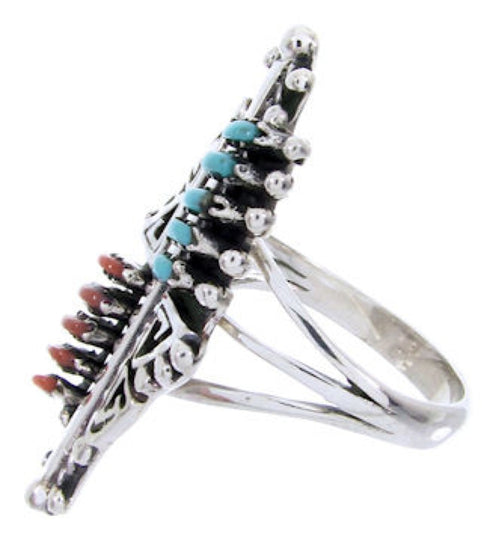 Turquoise And Coral Needlepoint Silver Ring Size 5-1/2 BW68083